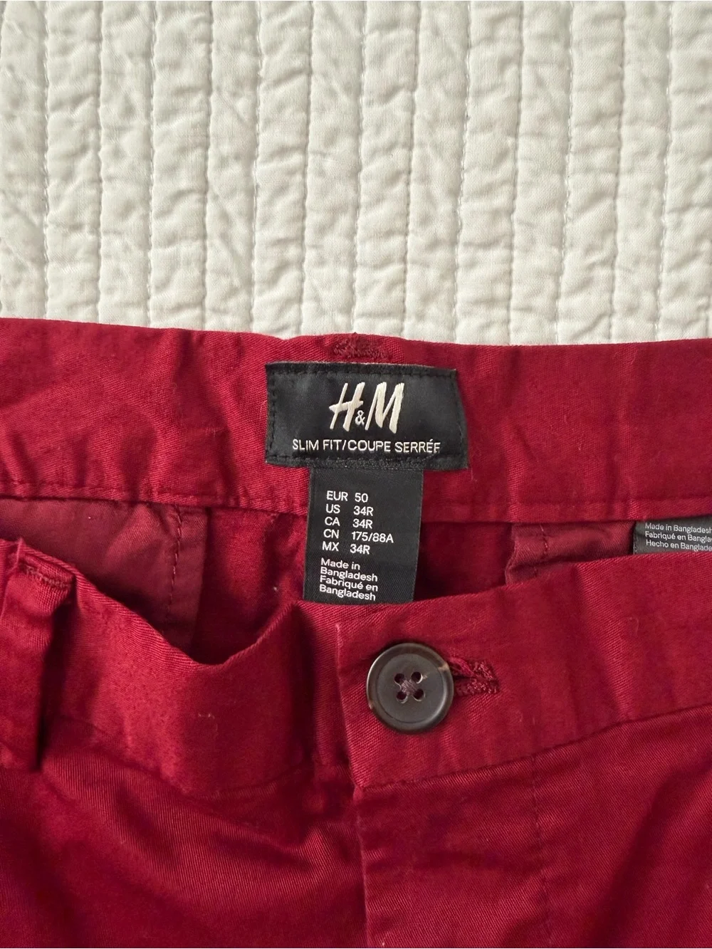 H&M pants, burgundy/red, size 34R, worn once, slim fit